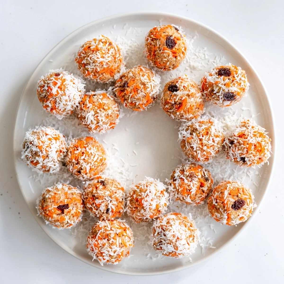 Golden brown No Bake Carrot Cake Bites studded with shredded carrots and walnuts on a white plate.