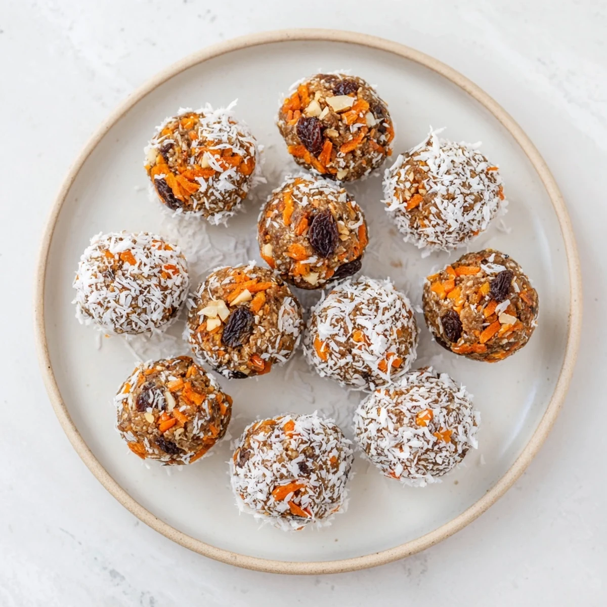 Perfectly rolled No Bake Carrot Cake Bites coated in shredded coconut for a sweet snack.