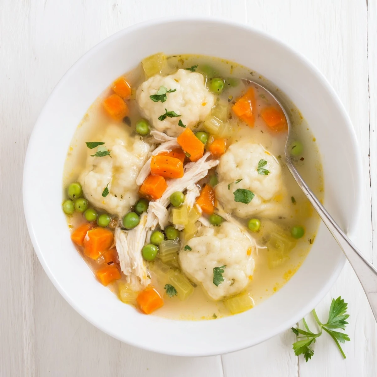 One Pot Chicken Dumpling Soup simmering in a pot with carrots and peas visible.