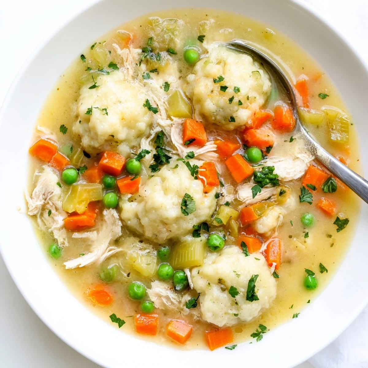 A steaming bowl of One Pot Chicken Dumpling Soup with fluffy dumplings and tender chicken.