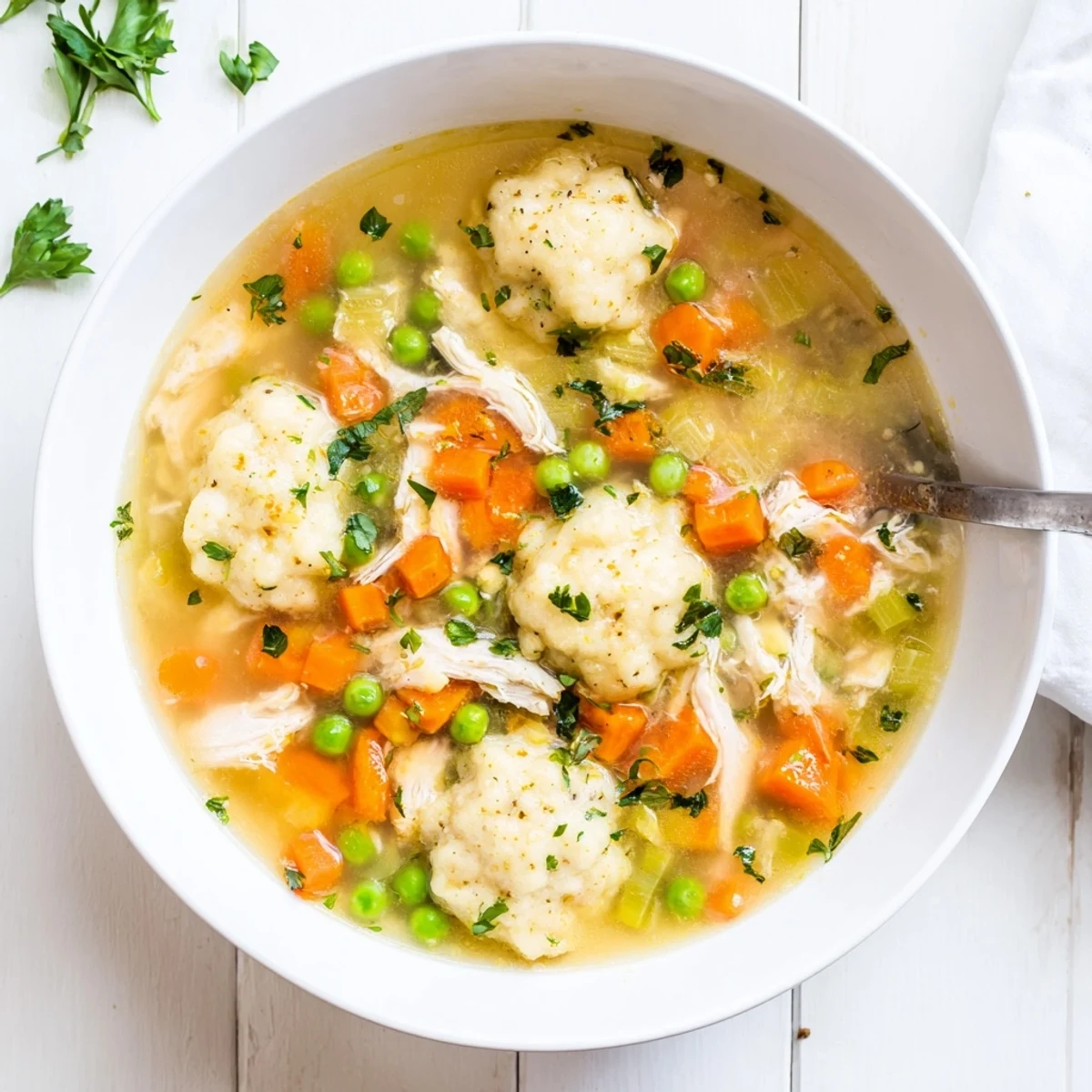 Hearty One Pot Chicken Dumpling Soup served in a rustic bowl with fresh parsley garnish.