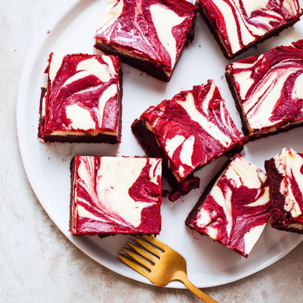 Decadent Red Velvet Cheesecake Brownies swirled with creamy filling, cut into squares on a marble surface.