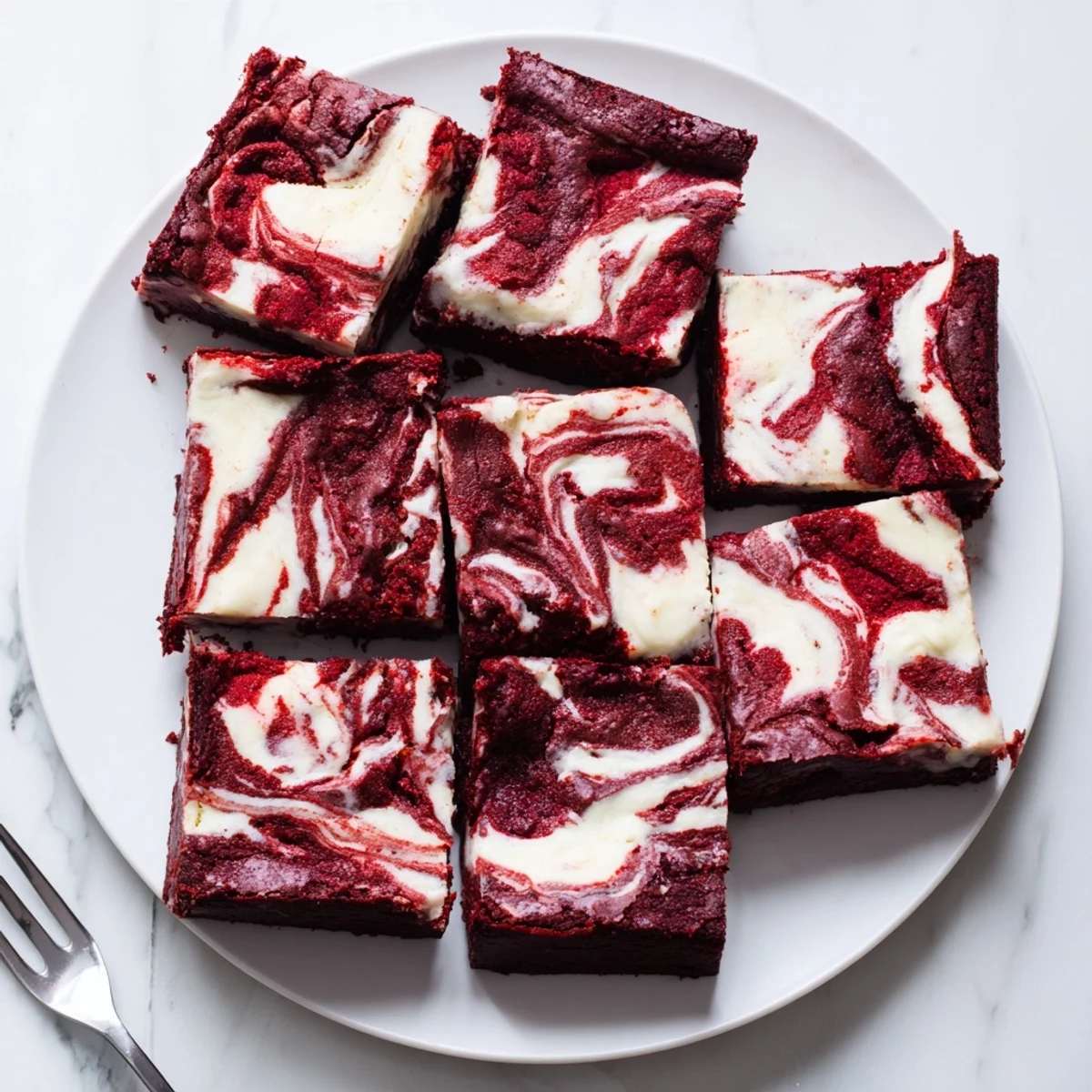 Fudgy Red Velvet Cheesecake Brownies topped with white chocolate chips, served on a rustic wooden board.