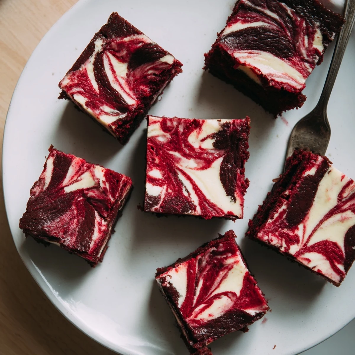 Moist Red Velvet Cheesecake Brownies with a rich marbled pattern, perfect for a sweet dessert platter.
