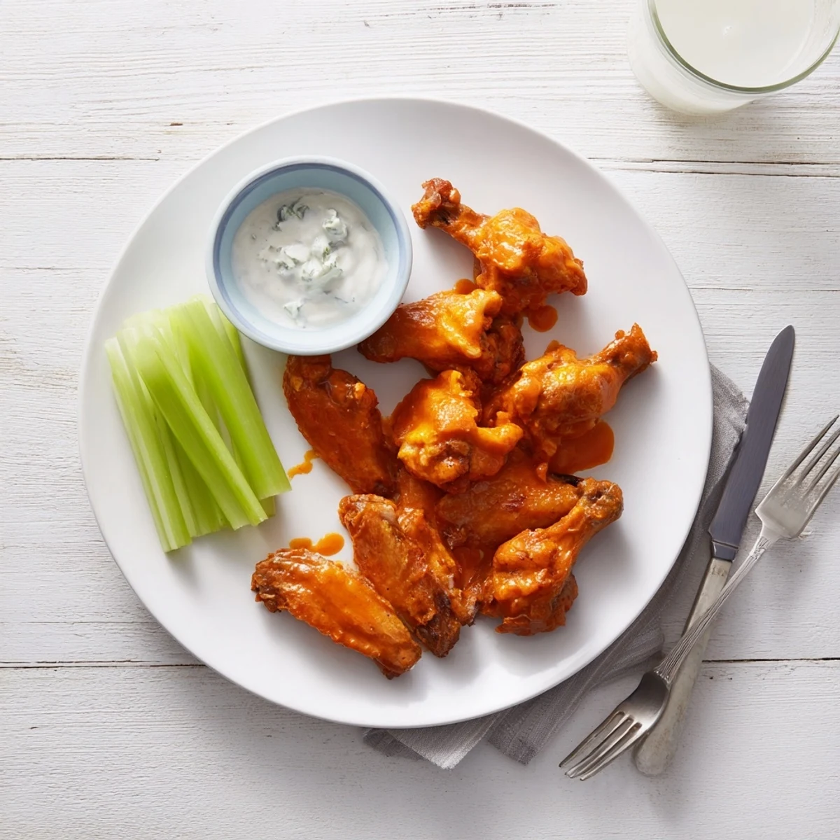 Golden-brown crispy smoked buffalo wings glistening with tangy red sauce, served with fresh celery sticks and creamy ranch dip.  