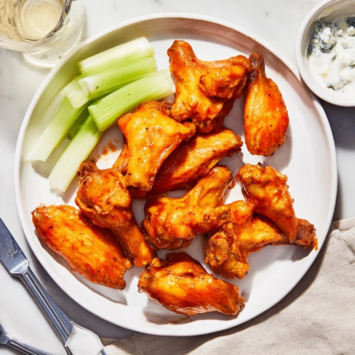 Freshly smoked chicken wings tossed in spicy buffalo sauce, arranged neatly on a platter for a game day appetizer.  