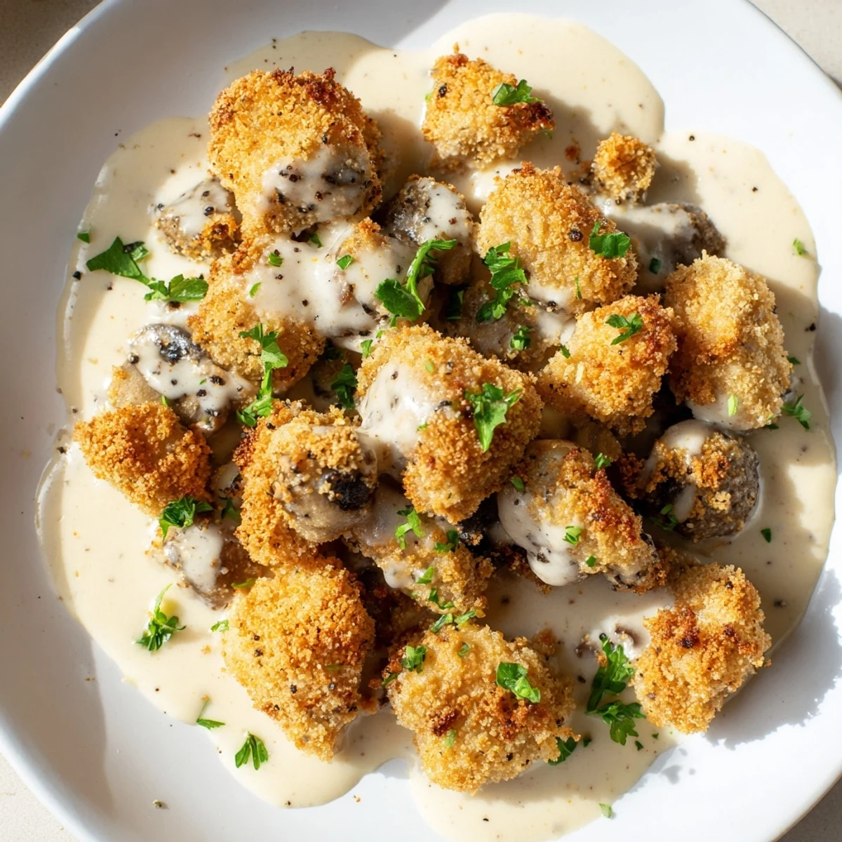 Freshly fried Chicken Fried Mushrooms with Gravy are served hot, garnished with parsley and black pepper.