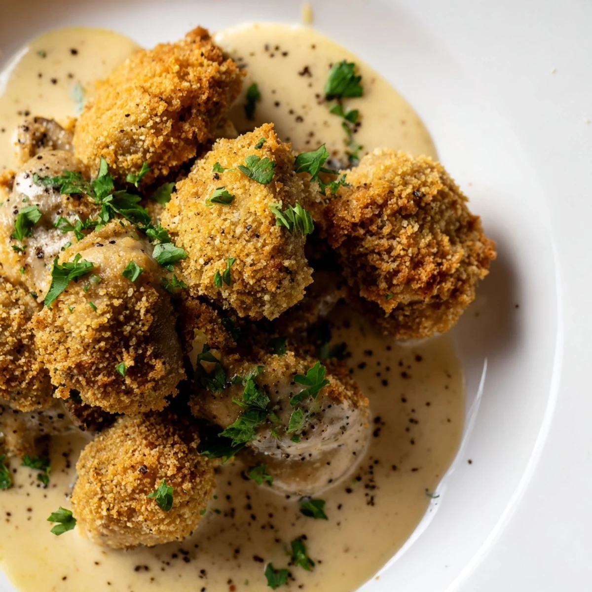 Crispy vegetarian Chicken Fried Mushrooms with Gravy are presented on a platter with a side of green beans.