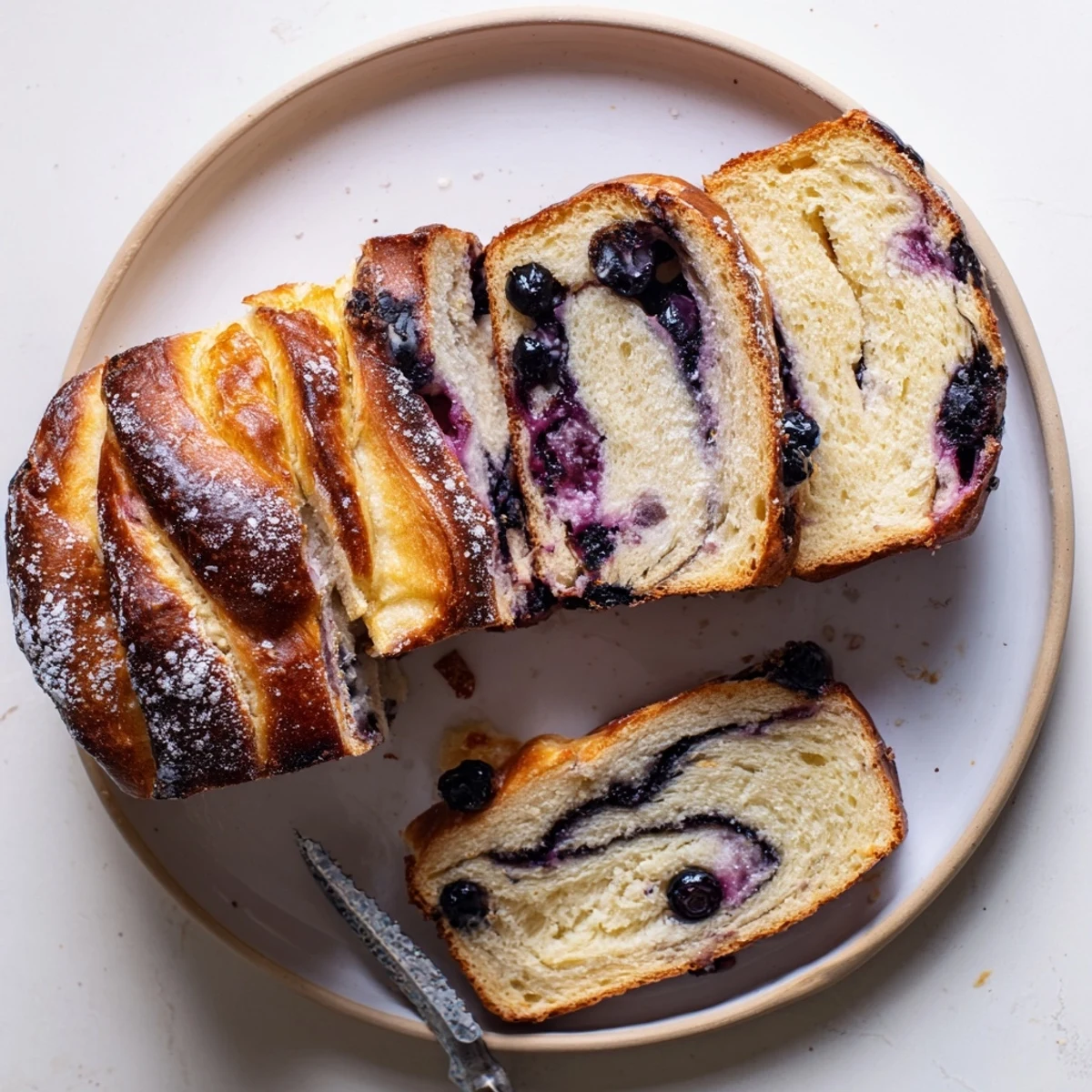 A slice of Blueberry Lemon Cream Cheese Sourdough reveals purple berries and creamy swirls inside.