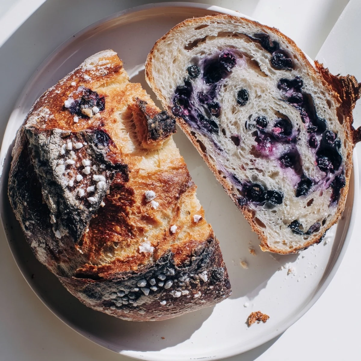 Fresh blueberries and lemon zest perfume the Golden brown sourdough loaf, served warm.