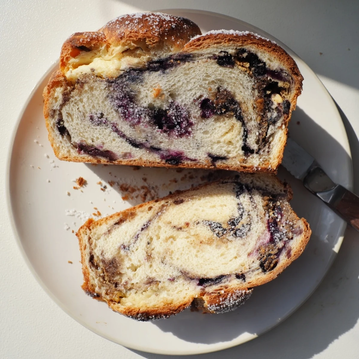 Thick slice of Blueberry Lemon Cream Cheese Sourdough on a plate with a spread knife.