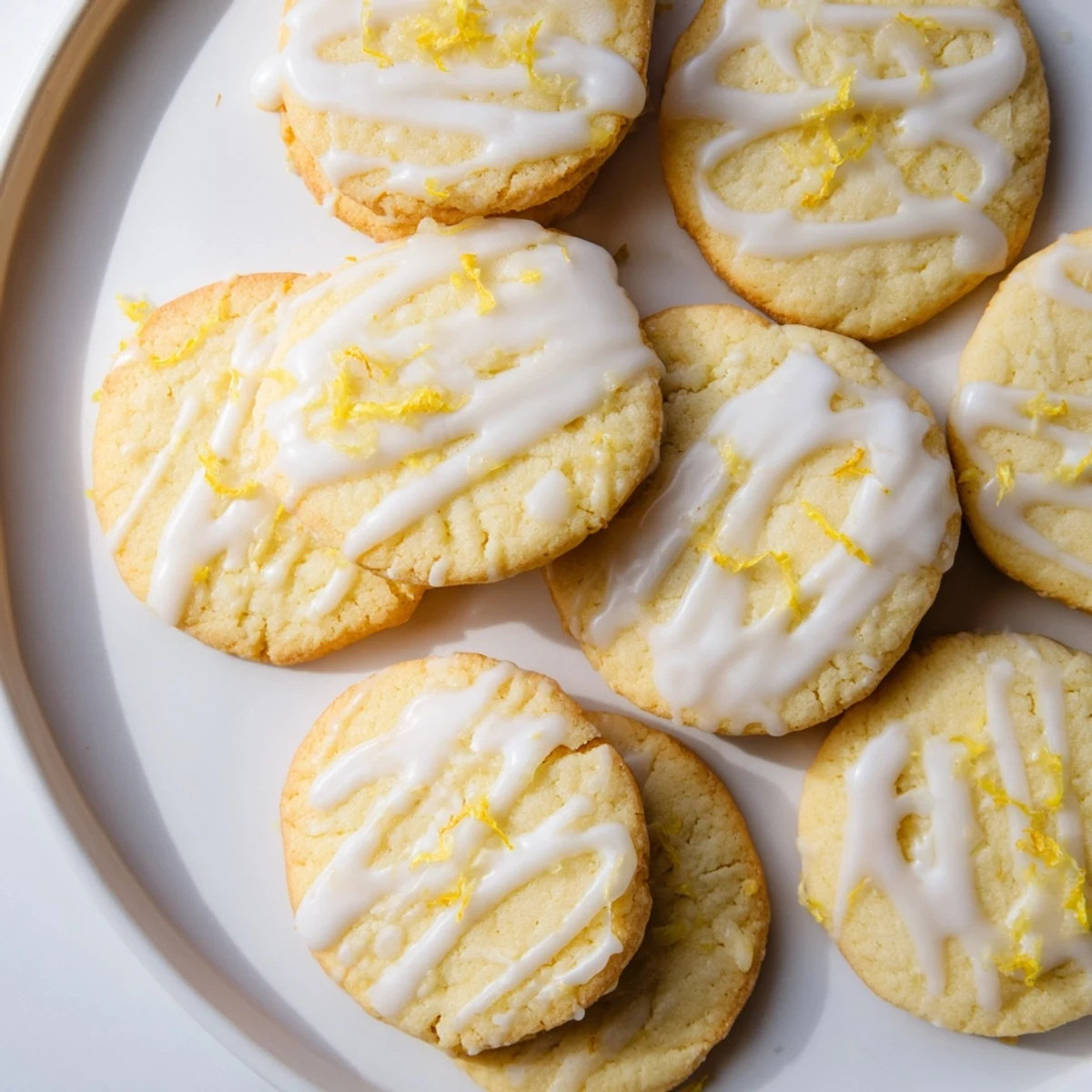 Overhead shot of Limoncello Cookies arranged on a white plate, ready to be served with tea.