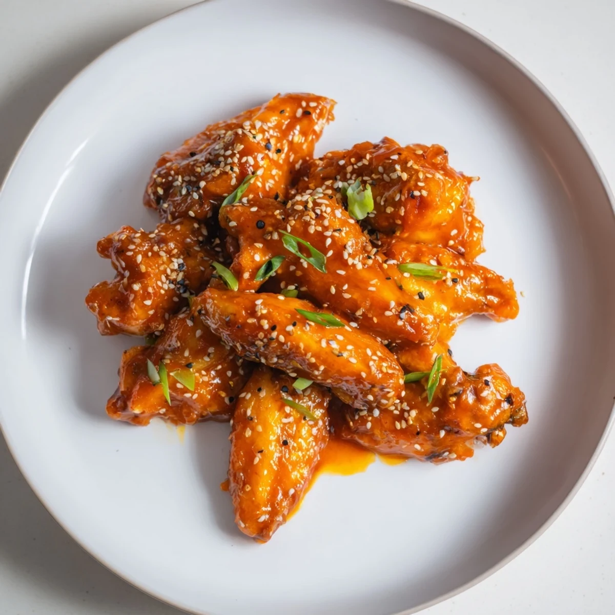 Crispy baked Sticky Orange Chicken Wings glazed in glossy orange sauce with sesame seeds and green onions on a platter.
