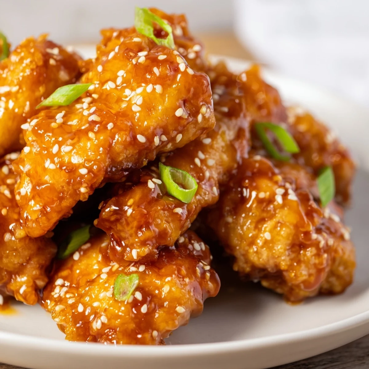 Sticky Orange Chicken Wings stacked on a serving platter with sesame seeds and scallions, perfect for game day snacking.