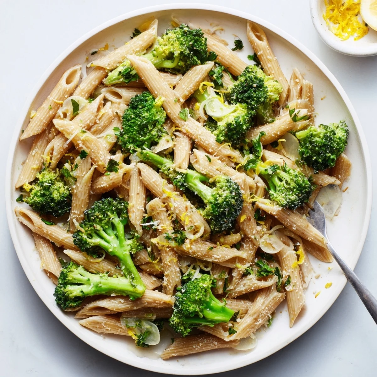 Freshly cooked Easy Healthy Broccoli Pasta with tender green florets and golden garlic slices in a light olive oil sauce.