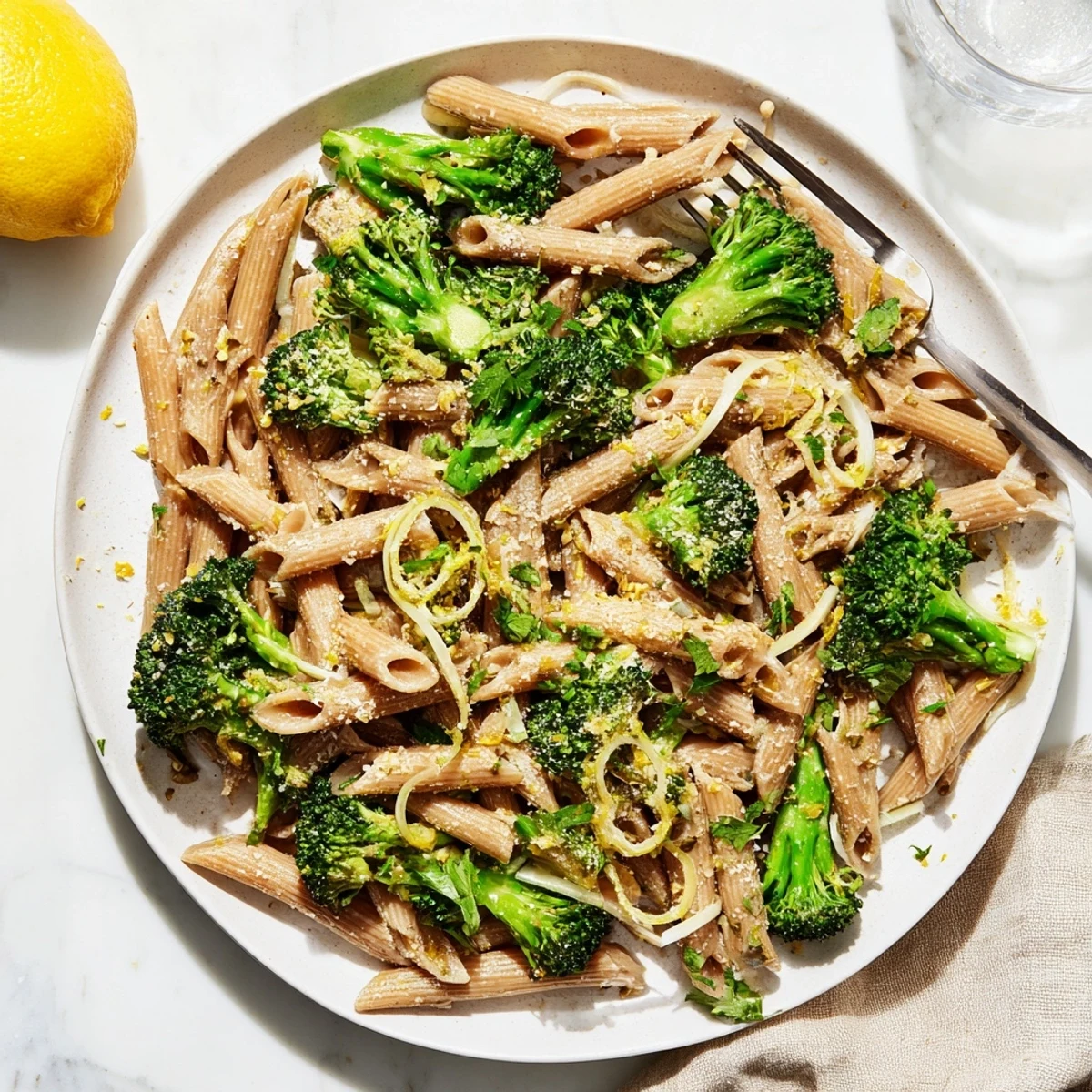 A close-up view of Easy Healthy Broccoli Pasta twirled on a fork, showing lemon zest and grated Parmesan cheese.