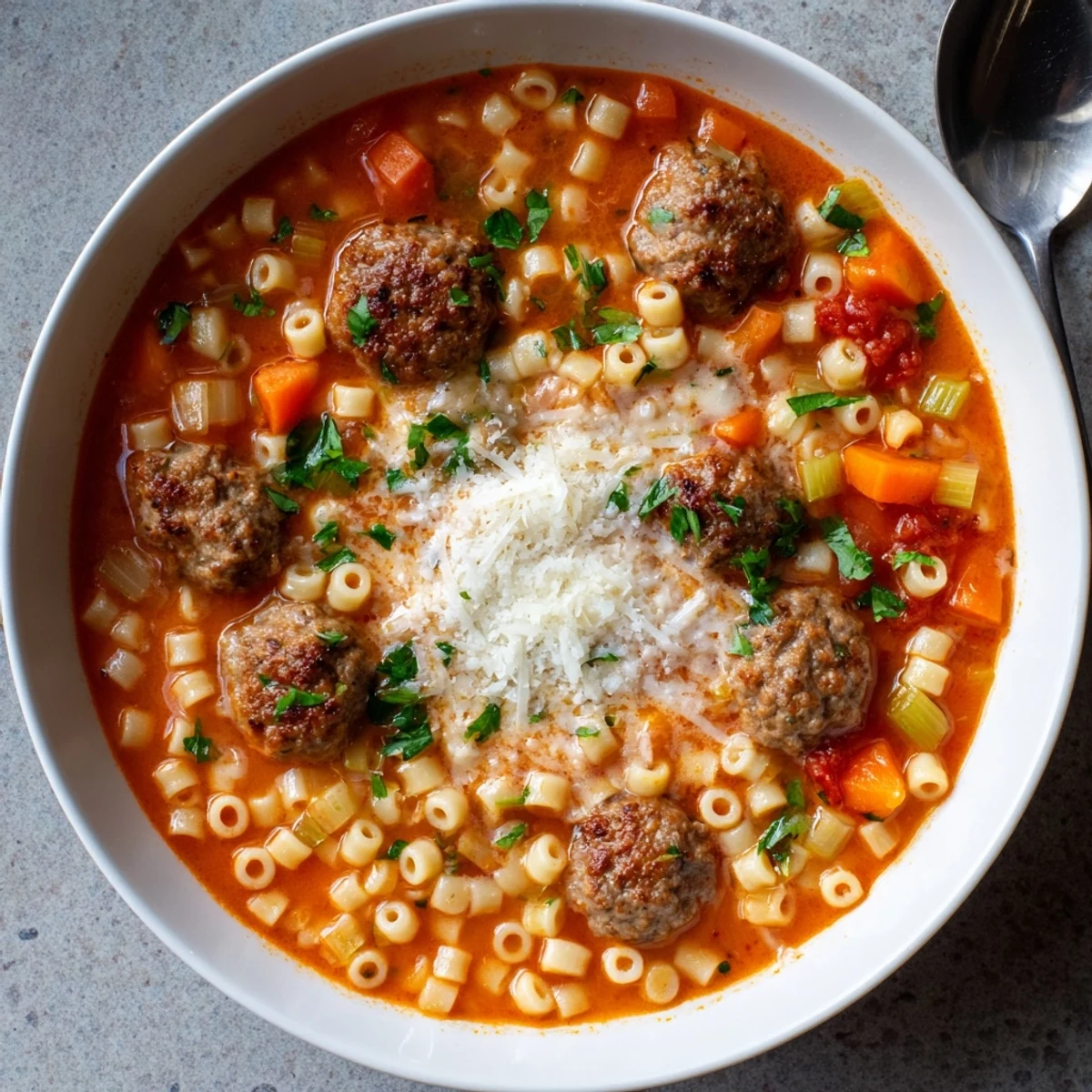 Creamy Italian Meatball Soup shows tender beef meatballs in a rich tomato cream broth, topped with grated Parmesan.