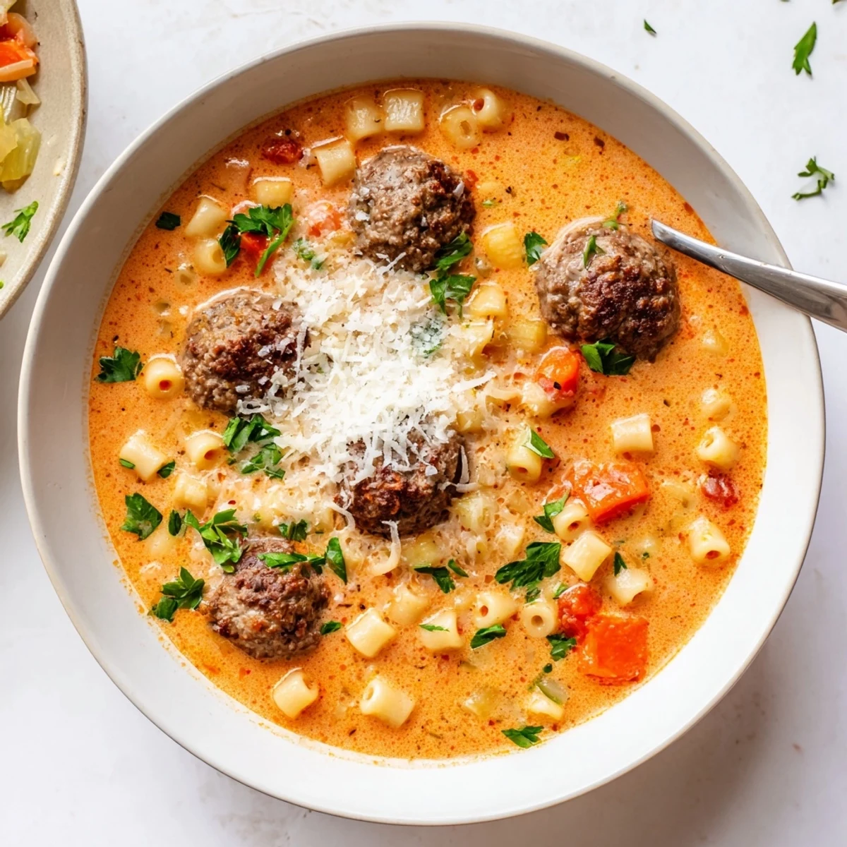 In a white bowl, Creamy Italian Meatball Soup steams beside crusty bread, featuring wilted spinach and herbs.