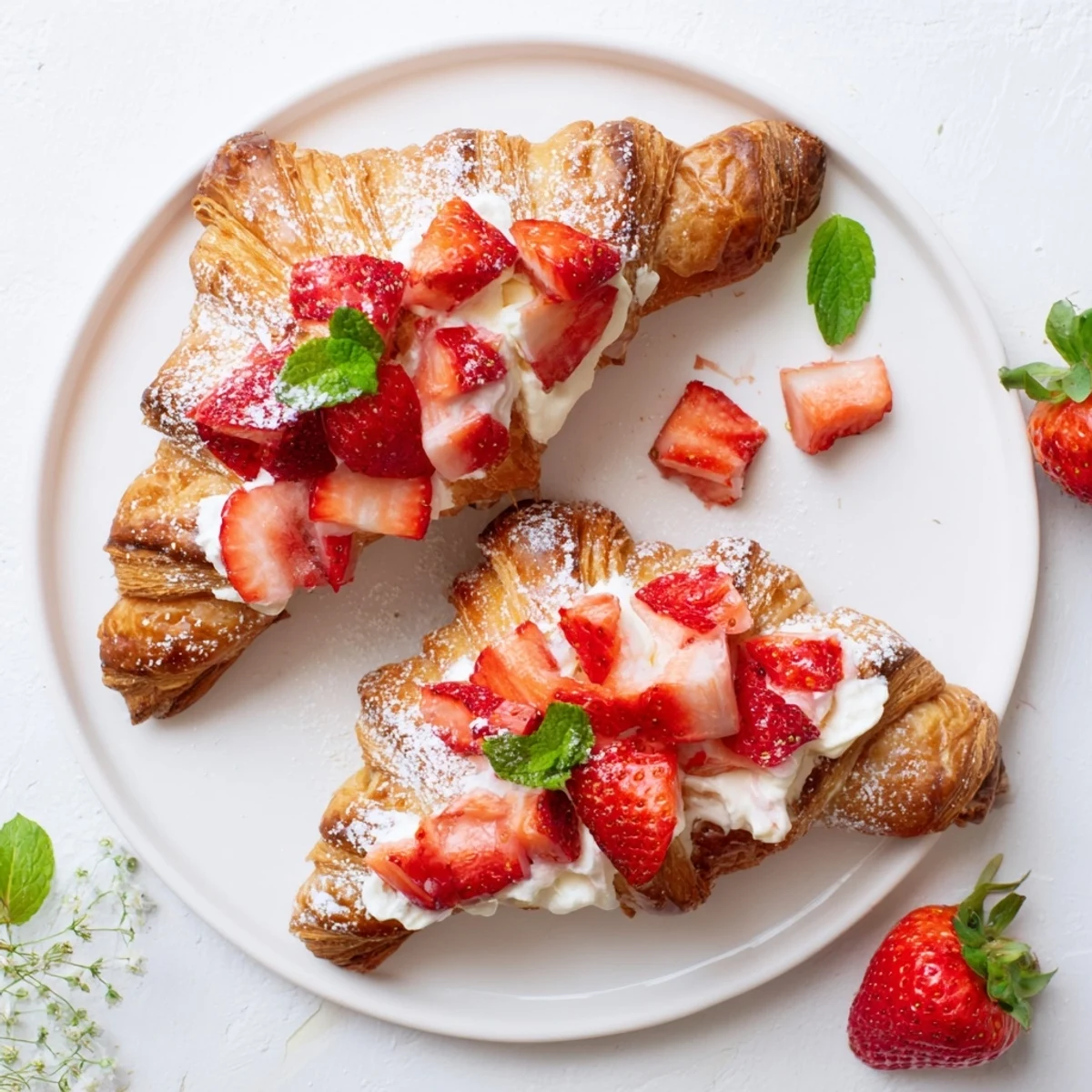 Freshly prepared Strawberry Cream Croissant showcasing flaky layers, diced berries, and mint garnish for a delightful breakfast or dessert.