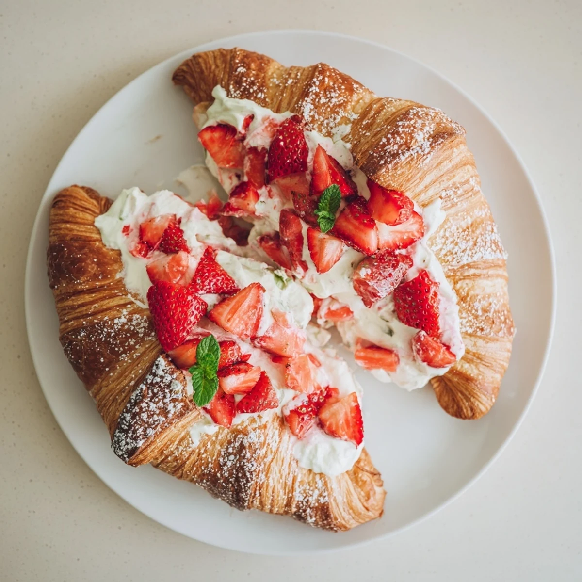 A close-up of Strawberry Cream Croissant with vanilla cream and fresh strawberry slices, dusted with powdered sugar on a rustic wooden board.