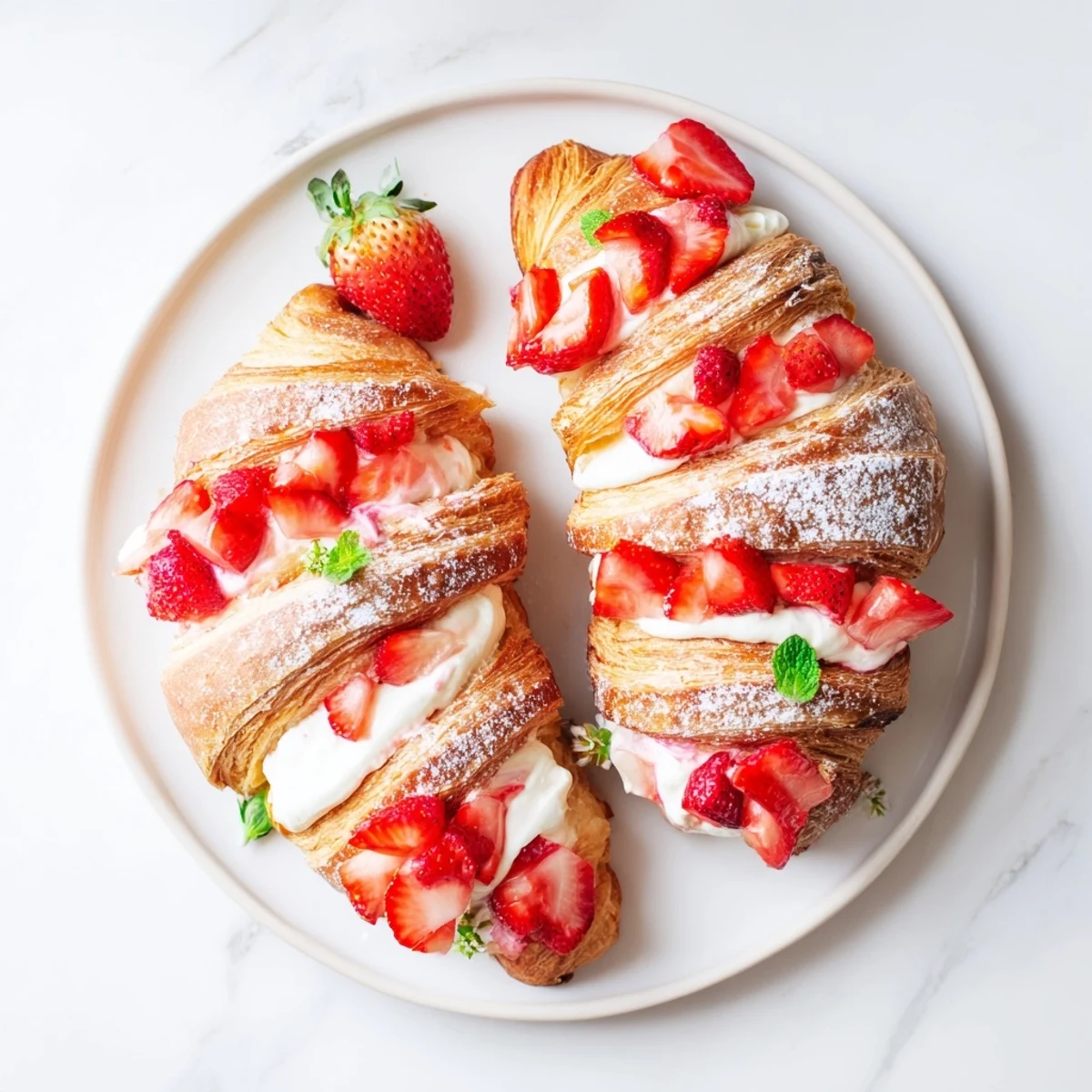 Overhead view of Strawberry Cream Croissant filled with sweet whipped cream, topped with sliced strawberries and a light sugar dusting.