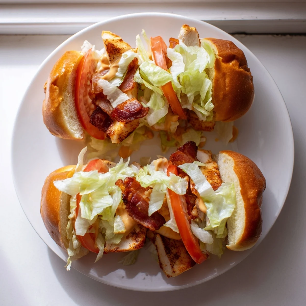 Honey Mustard BLT Chicken Sliders served on a platter with golden buns and ripe tomato slices.