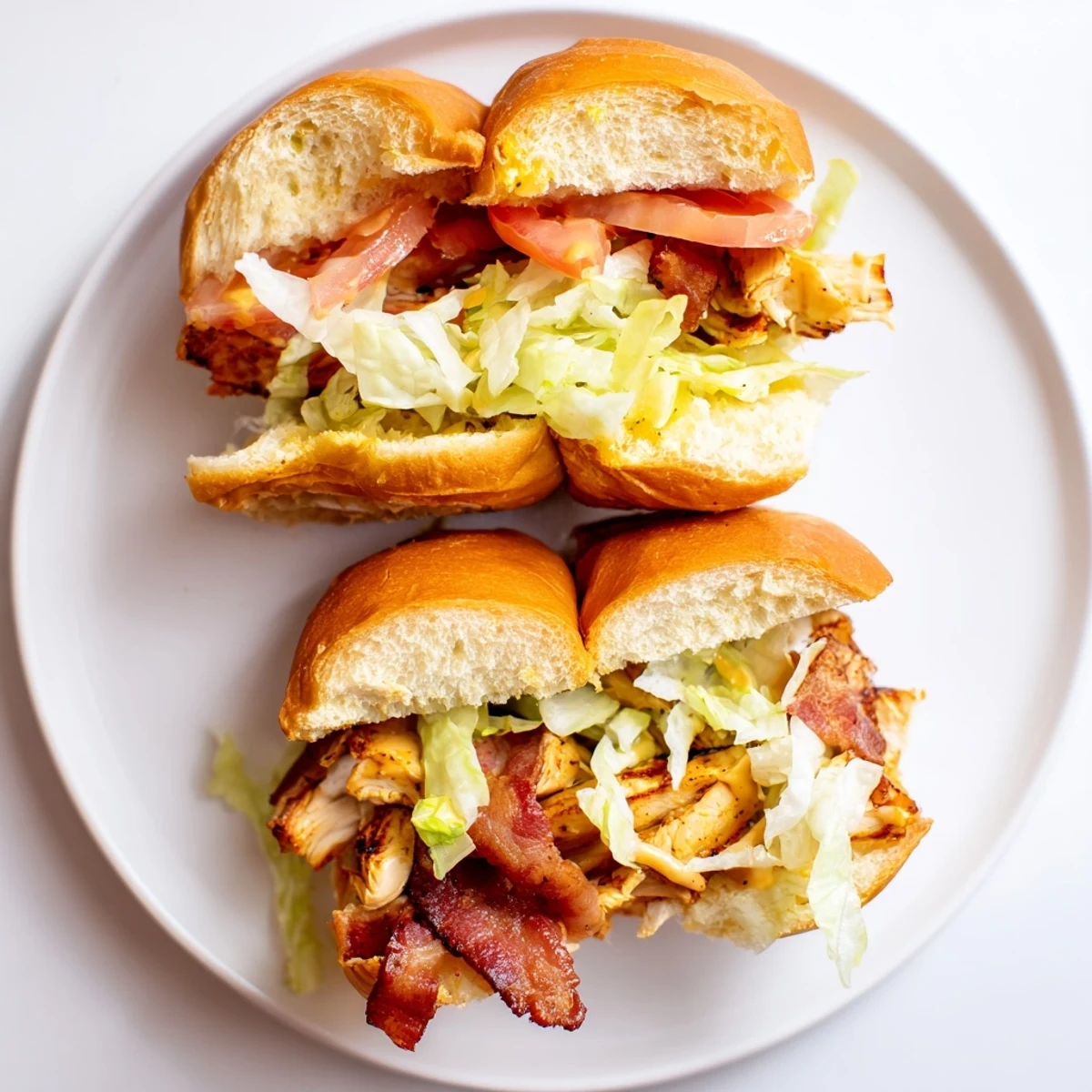 Juicy Honey Mustard BLT Chicken Sliders with crisp bacon and fresh lettuce on a toasted bun.