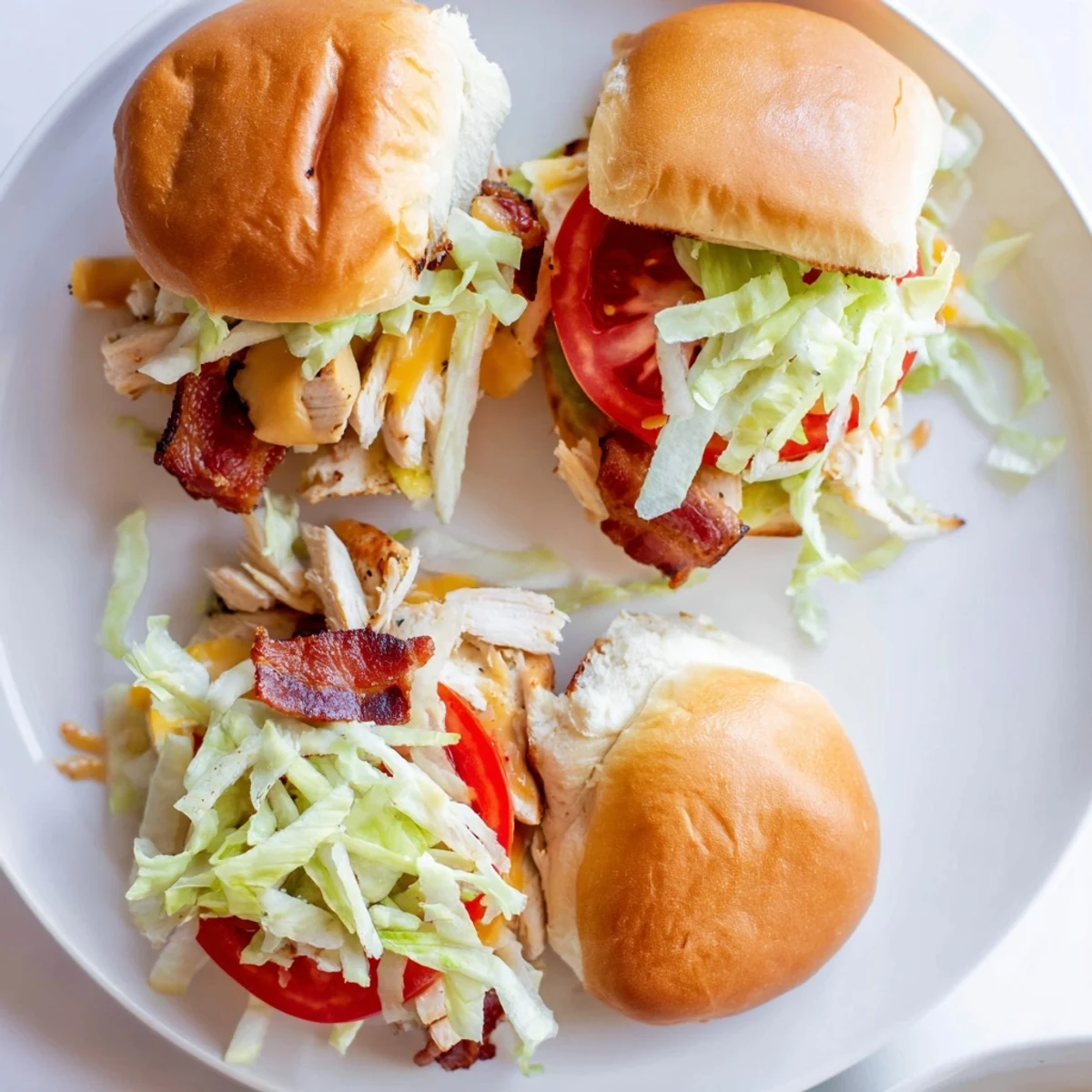 A close-up of Honey Mustard BLT Chicken Sliders showing tender chicken and tangy sauce between soft buns.