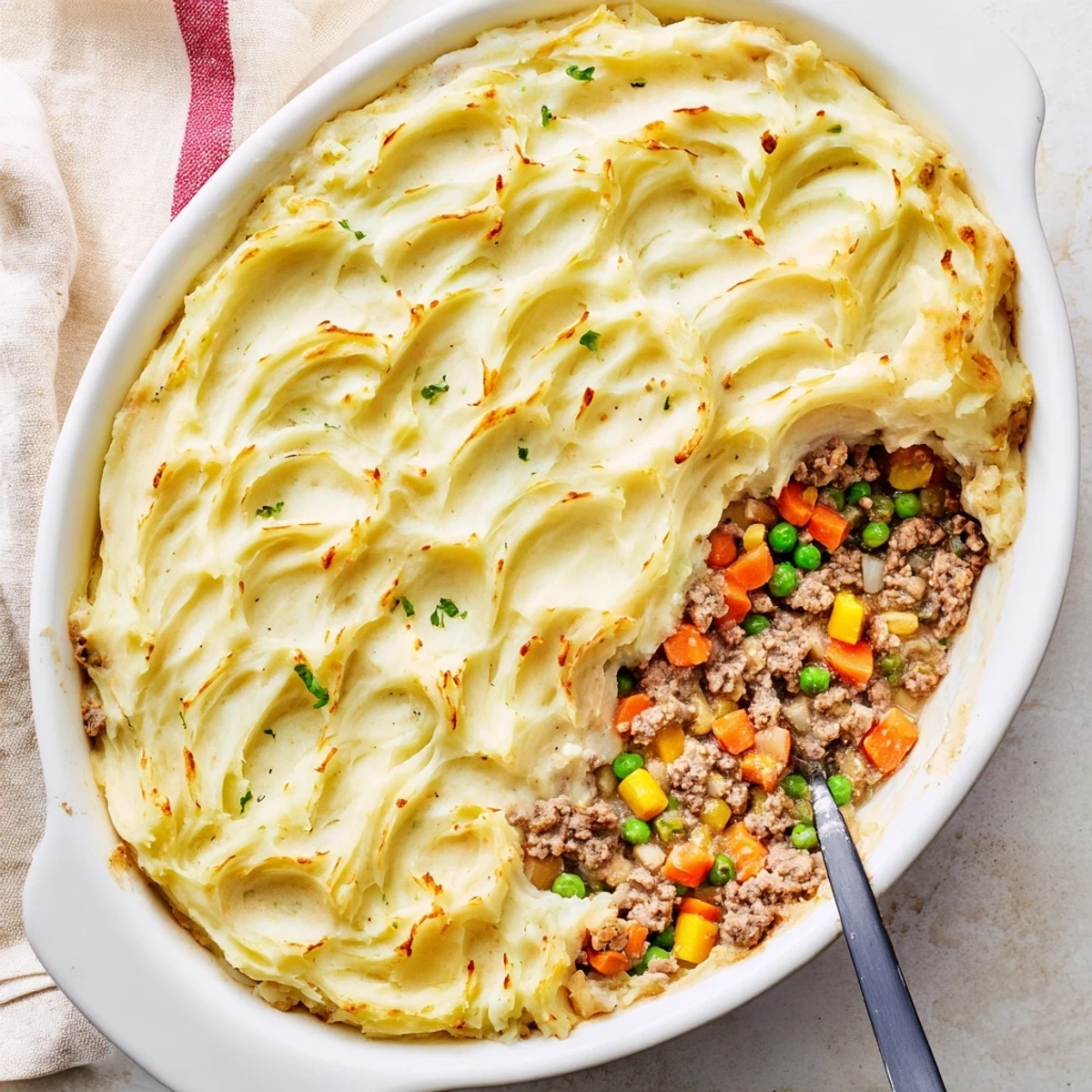 Golden-brown Shepherds Pie with Creamy Garlic Mashed Potatoes, with bubbling meat and veggies beneath a fluffy white topping.  