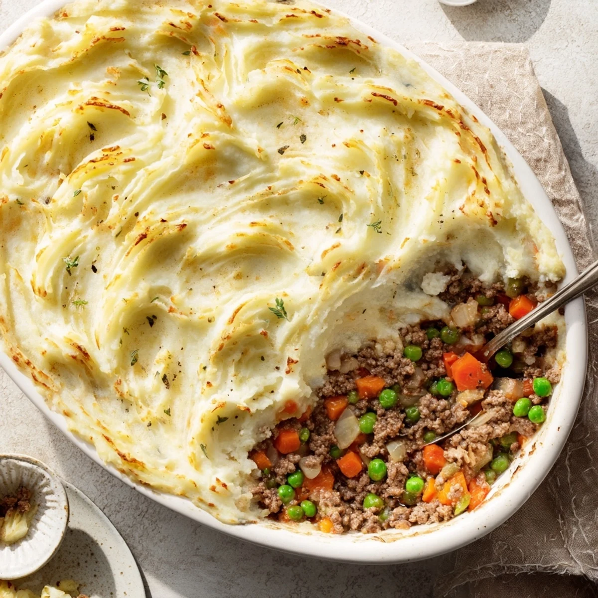 Shepherds Pie with Creamy Garlic Mashed Potatoes served in a white dish, topped with fresh parsley and a golden crust.