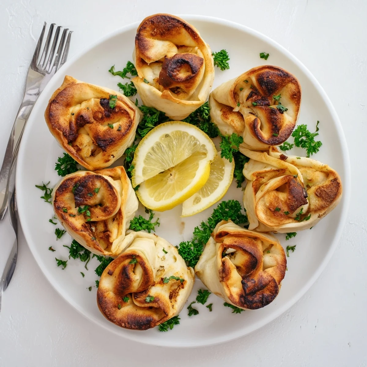 A close-up view reveals the crispy tortilla exterior of the Cheesy Seafood Tortilla Bombs, served with a side of garlic aioli.