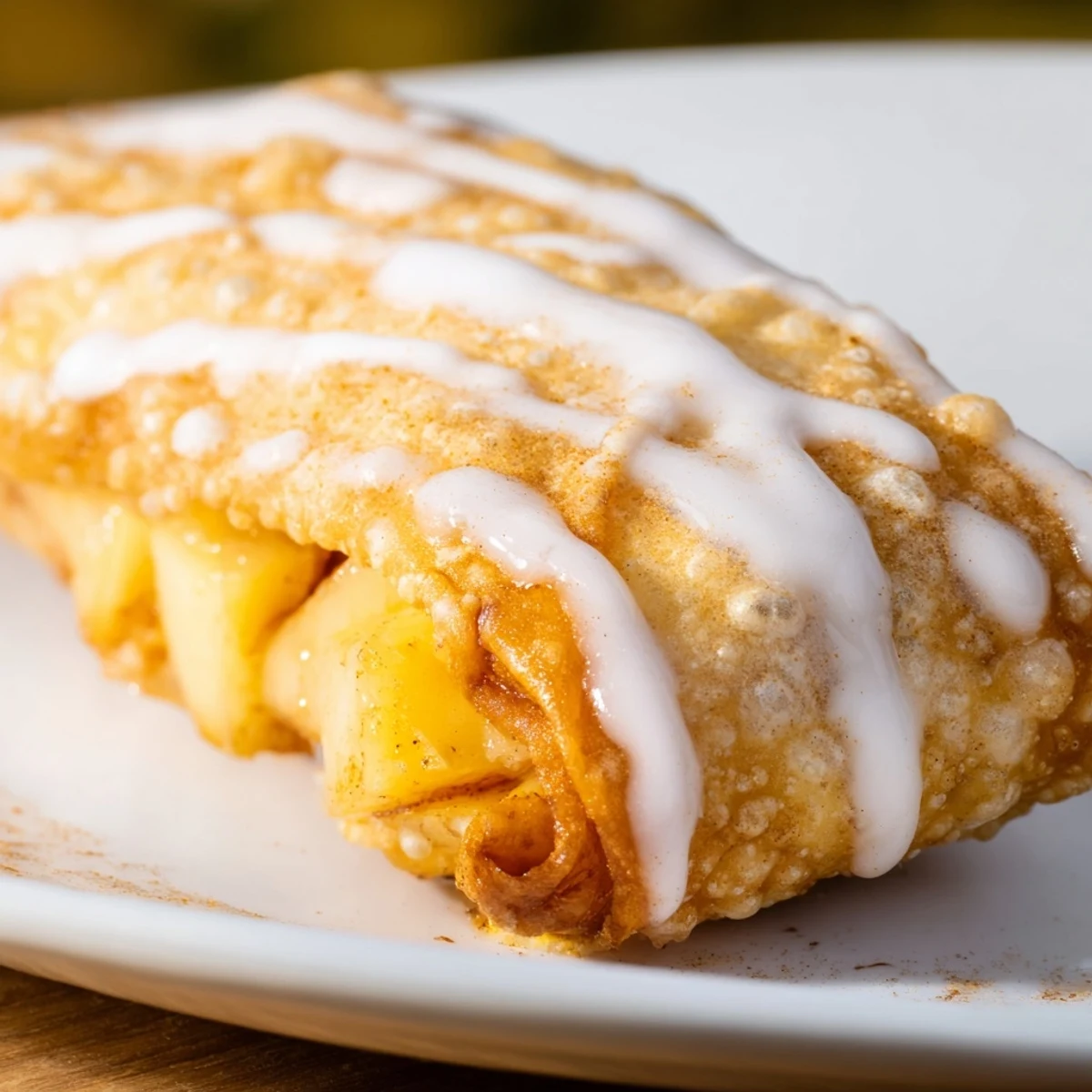 Golden peach cobbler egg rolls drizzled with white vanilla glaze on a white plate