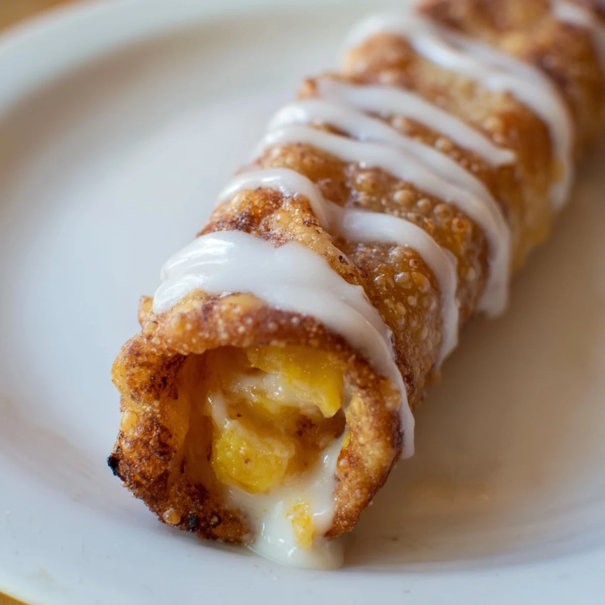 Handheld peach cobbler egg rolls with sweet fruit filling and powdered sugar topping