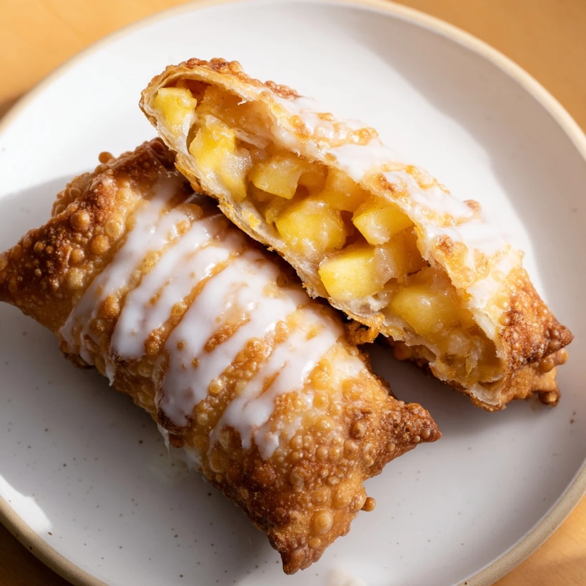 Crispy fried egg rolls stuffed with warm spiced peaches and cinnamon sugar filling