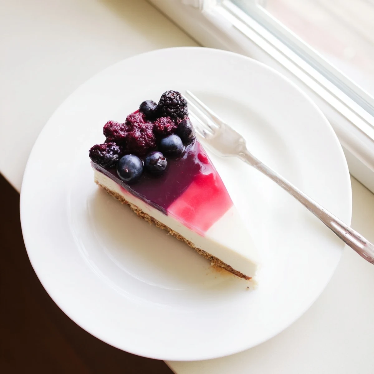 Creamy no bake Greek yogurt jello cheesecake with bright red fruit gelatin layer on graham cracker crust