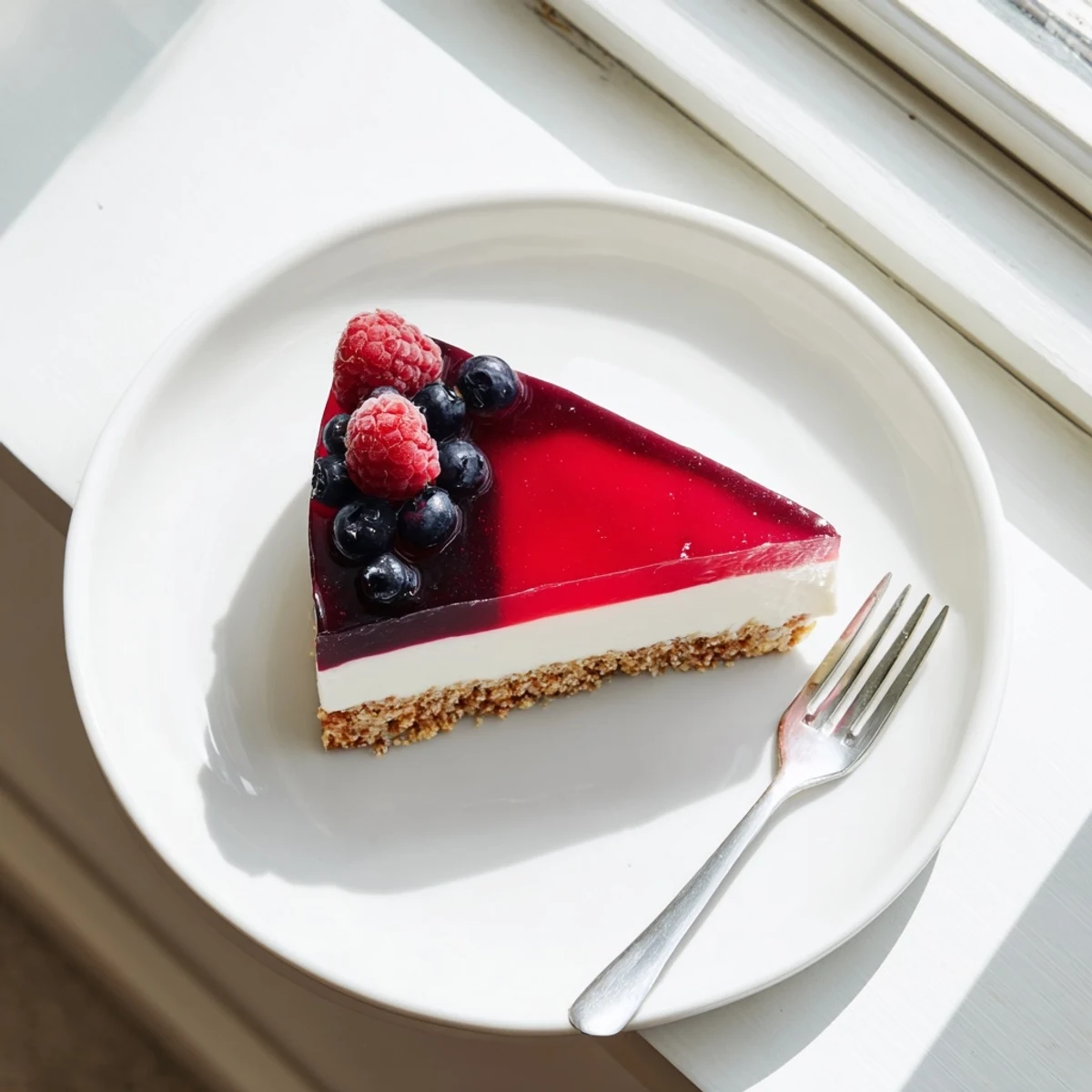 Golden graham cracker base topped with tangy Greek yogurt cheesecake and wobbly fruit flavored jello topping