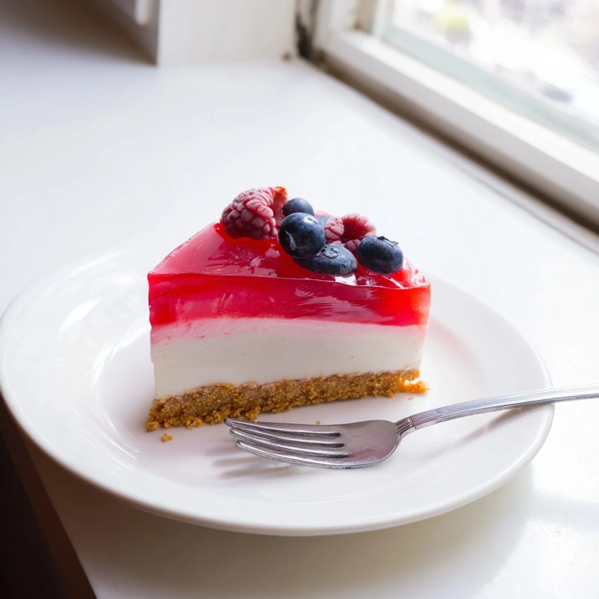 Slice of no bake Greek yogurt jello cheesecake garnished with fresh berries on white serving plate