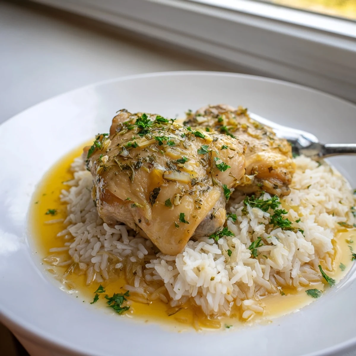 Tender slow cooker lemon herb chicken served over fluffy white rice with fresh parsley garnish