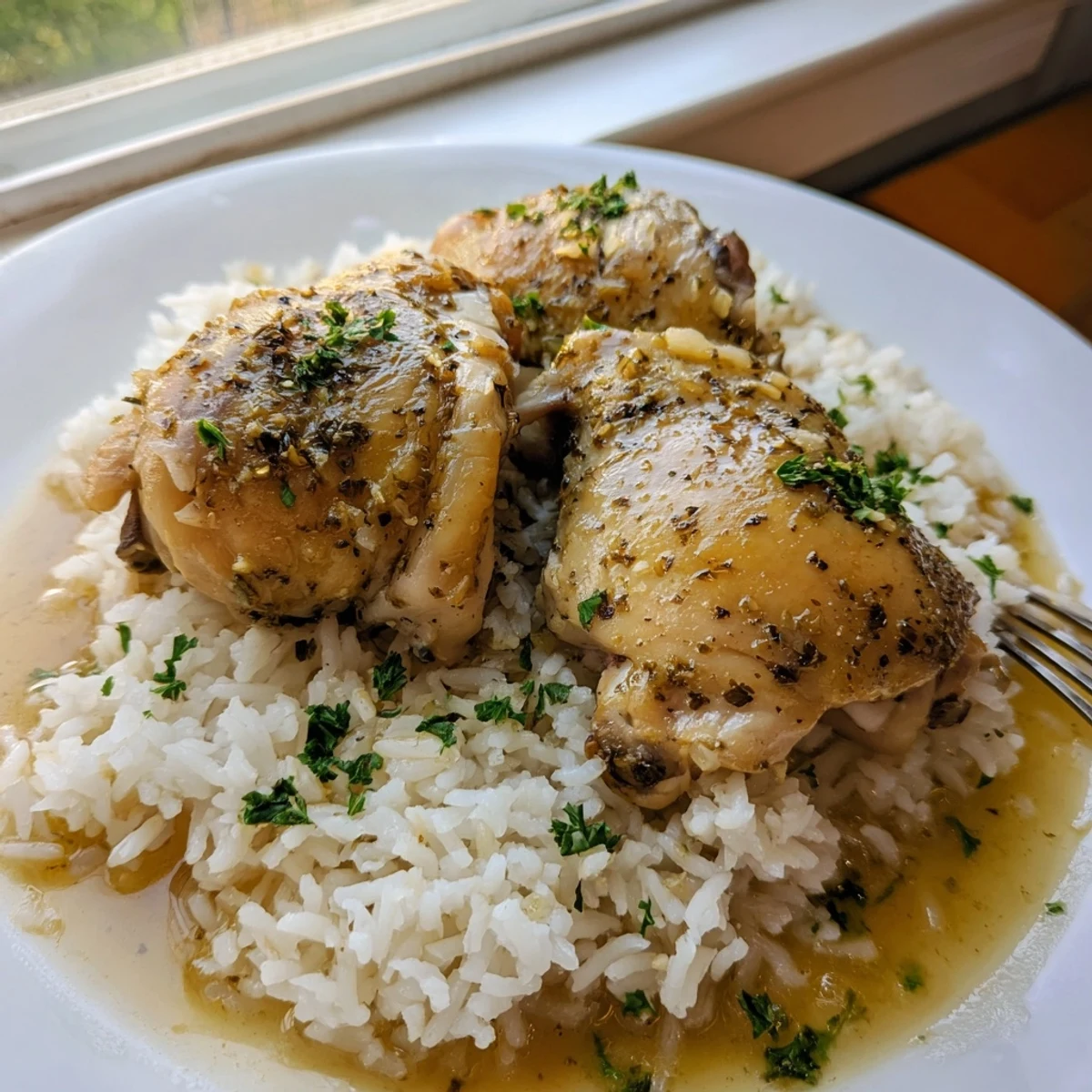 Juicy chicken thighs slow-cooked with bright lemon, aromatic herbs, and garlic over buttery rice