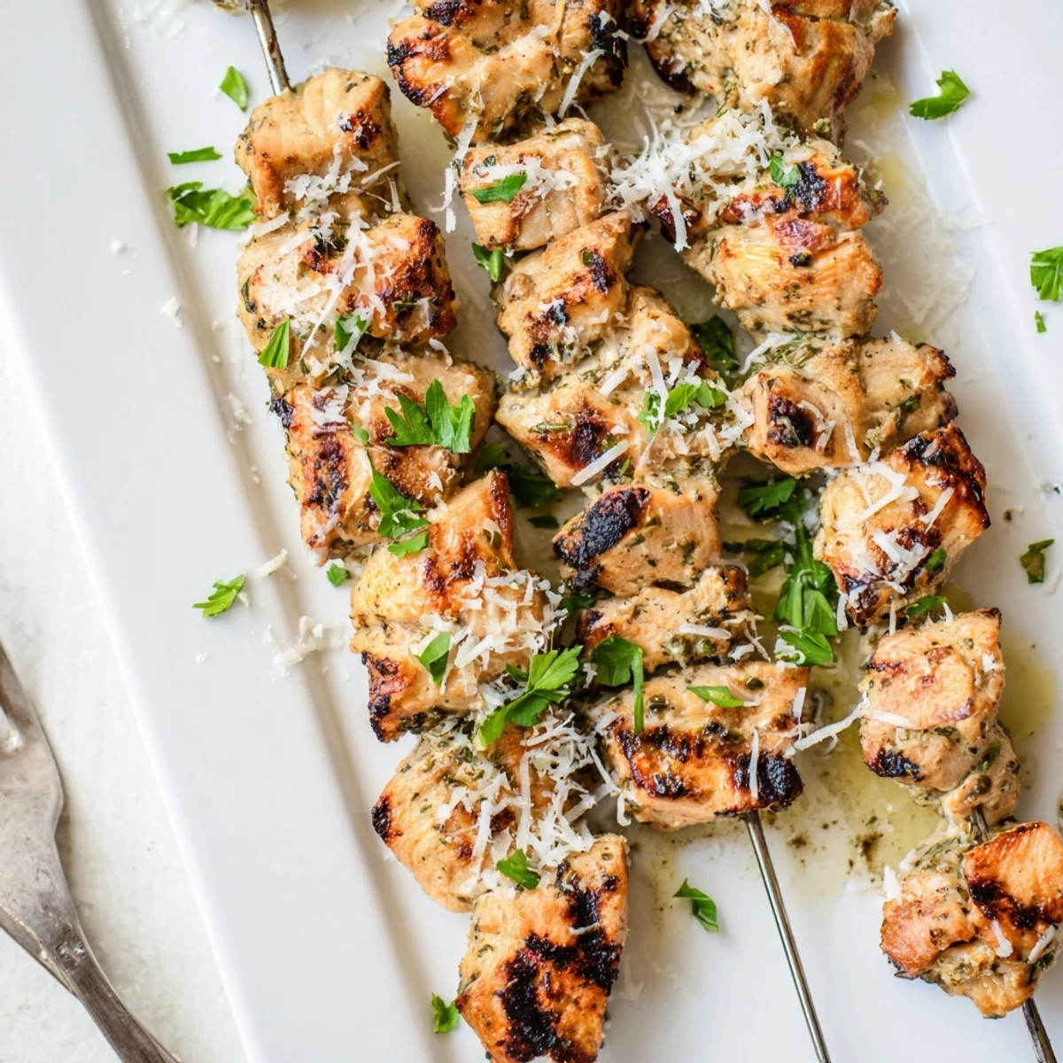 Golden brown ranch garlic parmesan chicken skewers grilled to perfection with melted cheese
