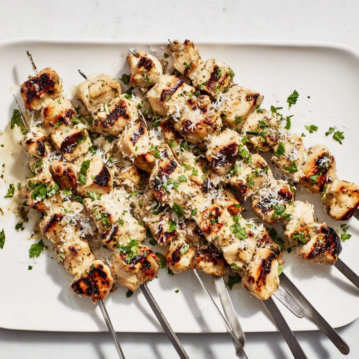 Juicy grilled chicken on skewers coated in zesty ranch garlic and parmesan topping