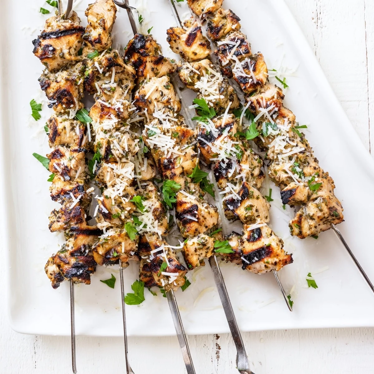 Tender chicken cubes threaded on skewers with savory ranch garlic and parmesan crust