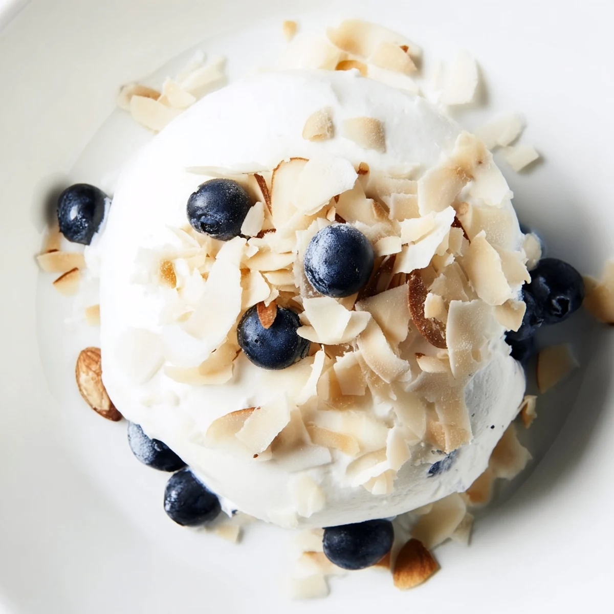 Frozen blueberry Greek yogurt bites on a parchment-lined baking sheet, topped with fresh blueberries and shredded coconut