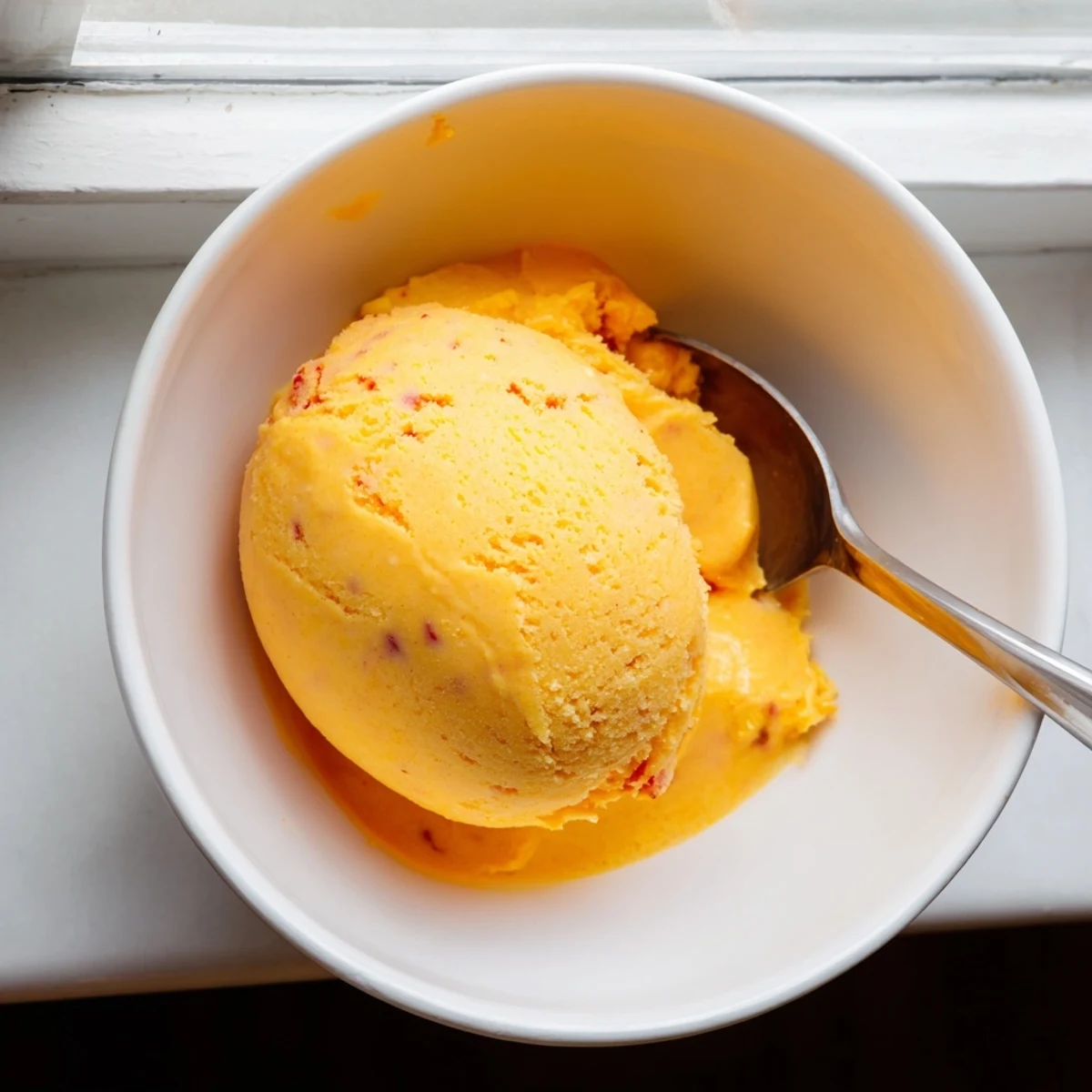 Creamy mango strawberry sorbet scooped into chilled bowls with fresh mint garnish