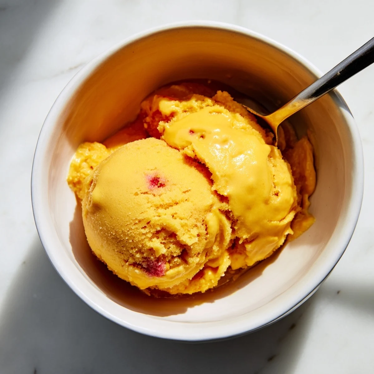 Vibrant mango strawberry sorbet swirling with bright red and orange fruit puree