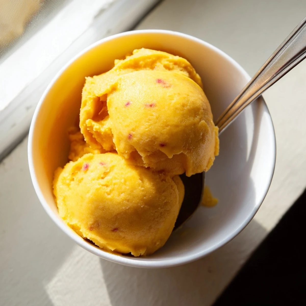 Refreshing mango strawberry sorbet melting slightly in a white dessert bowl