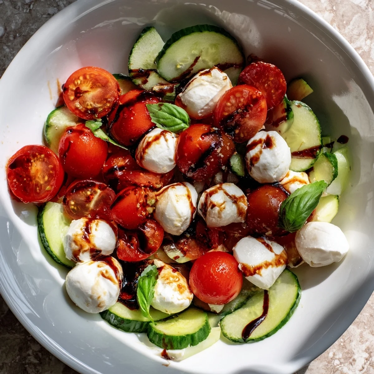 Fresh cucumber Caprese salad with cherry tomatoes, mozzarella, and basil in balsamic dressing