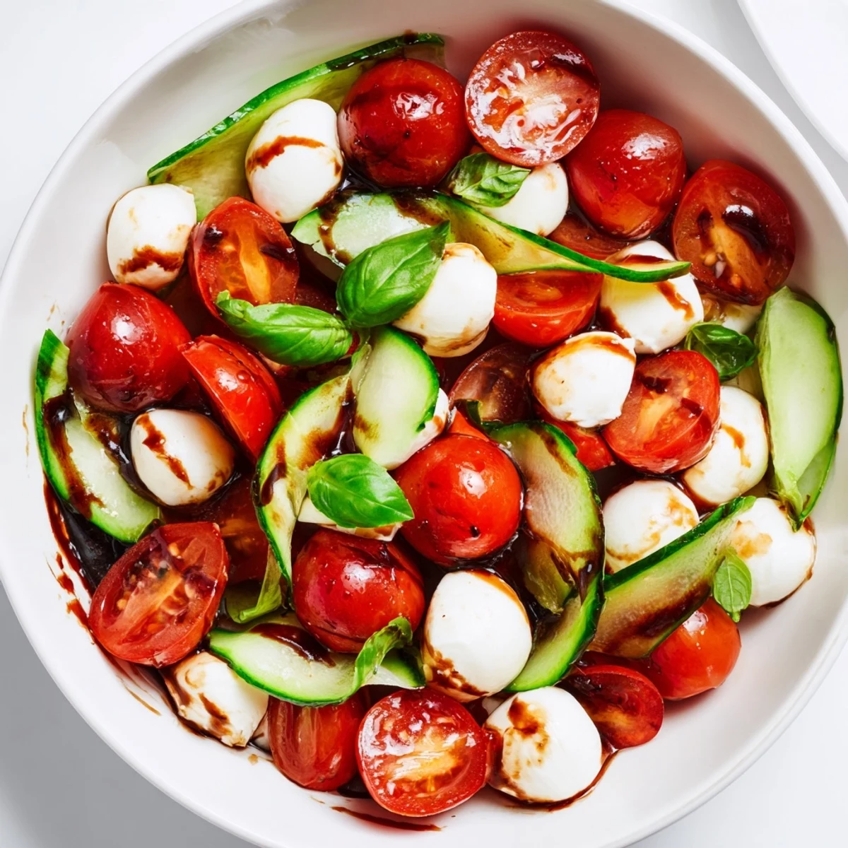 Bowl of juicy cucumber Caprese salad drizzled with tangy balsamic glaze and fresh basil