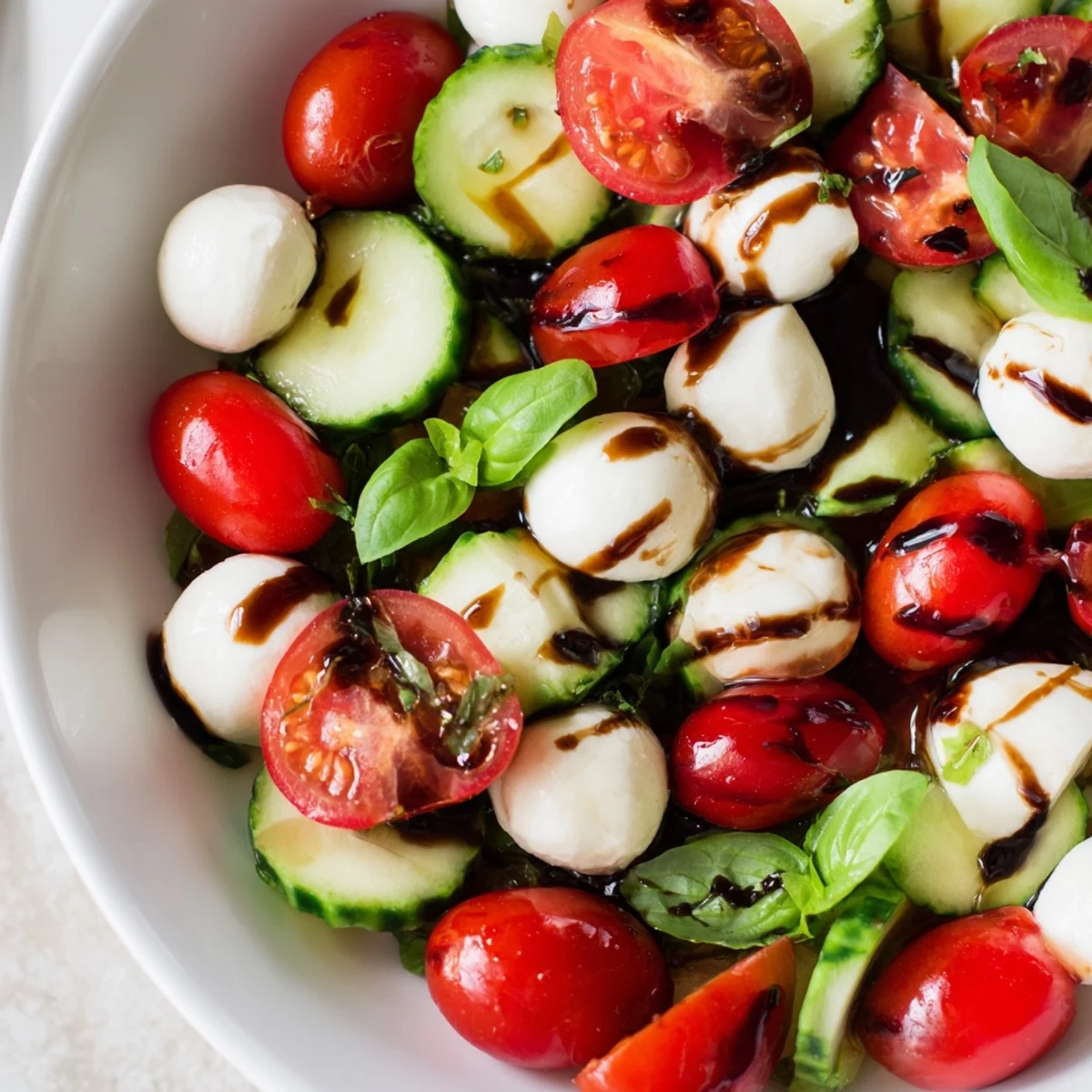 Vibrant Italian Caprese salad featuring crisp cucumbers, ripe tomatoes, and creamy mozzarella balls