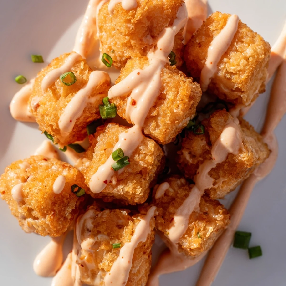 Golden crispy Bang Bang salmon bites coated in creamy spicy red sauce with sesame garnish